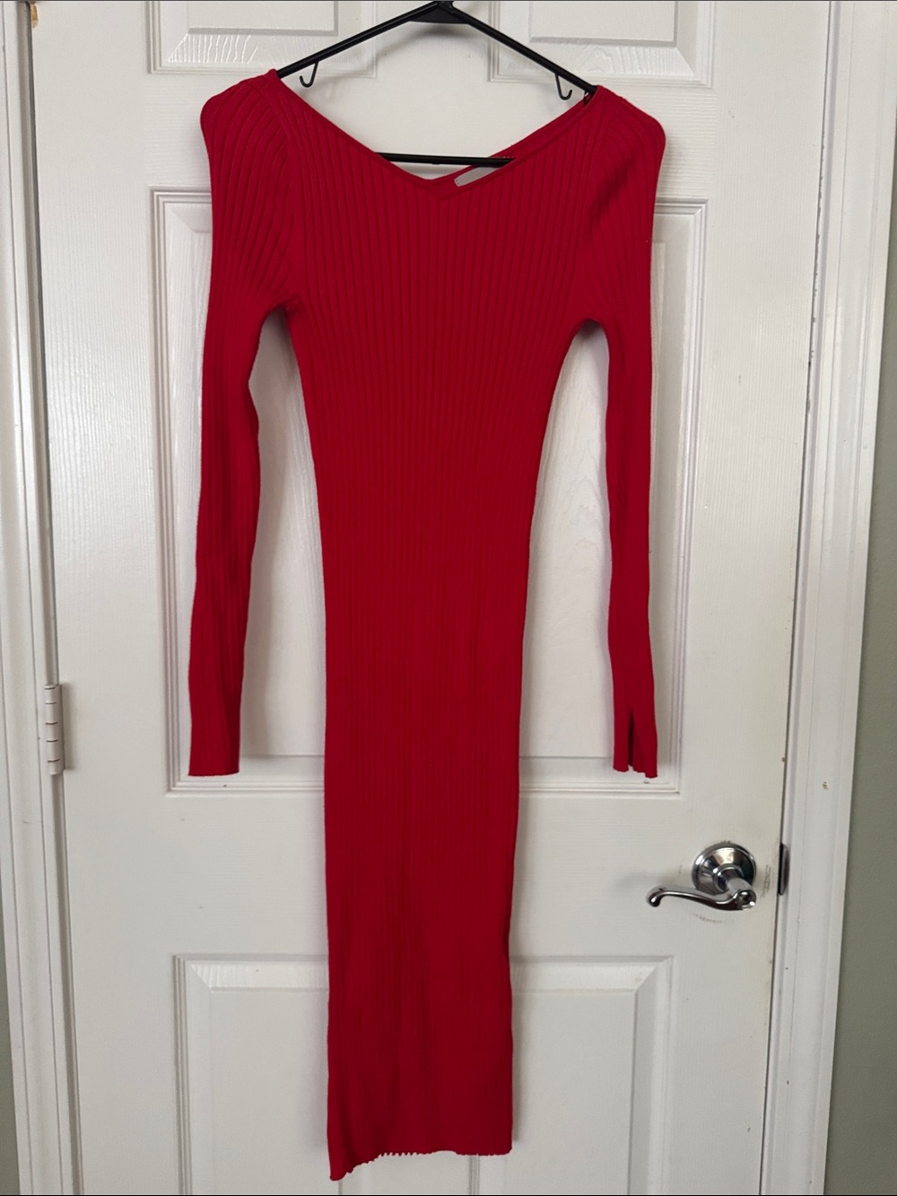 H & M Ribbed Long Sleeve Red Bodycon Dress Size xs